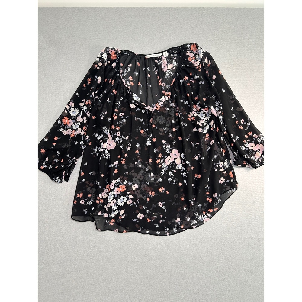 LC Lauren Conrad Blouse Women XL Black Floral Sheer 3/4 Sleeve High Low Hem
